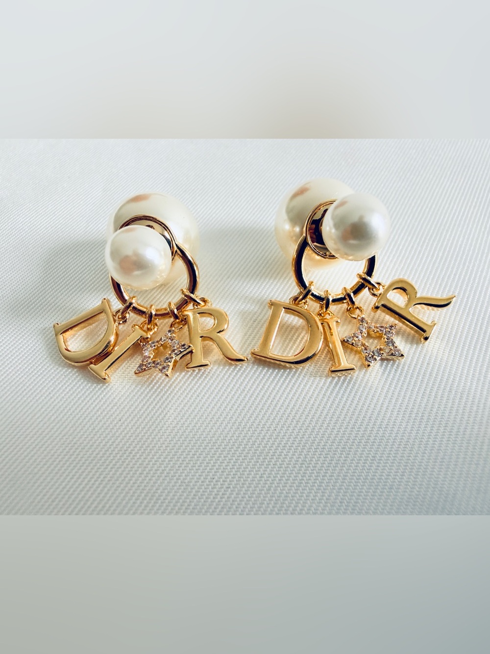 Champagne Gold Letter & Pearl Drop Earrings - Designer Style